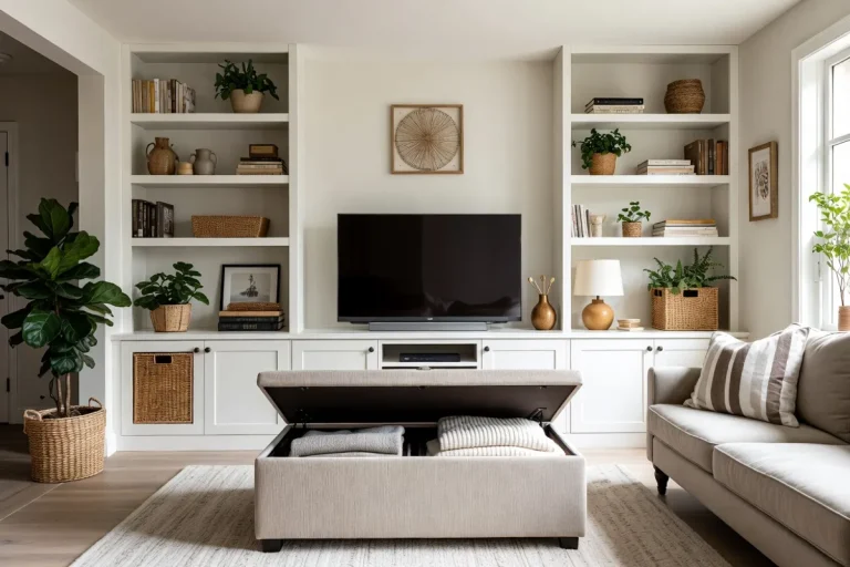 Small living room with hidden storage ottoman, built-in shelves, and organized woven baskets