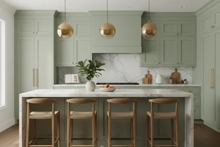 Large white marble kitchen island with bar stool seating in a bright modern kitchen with sage green cabinets