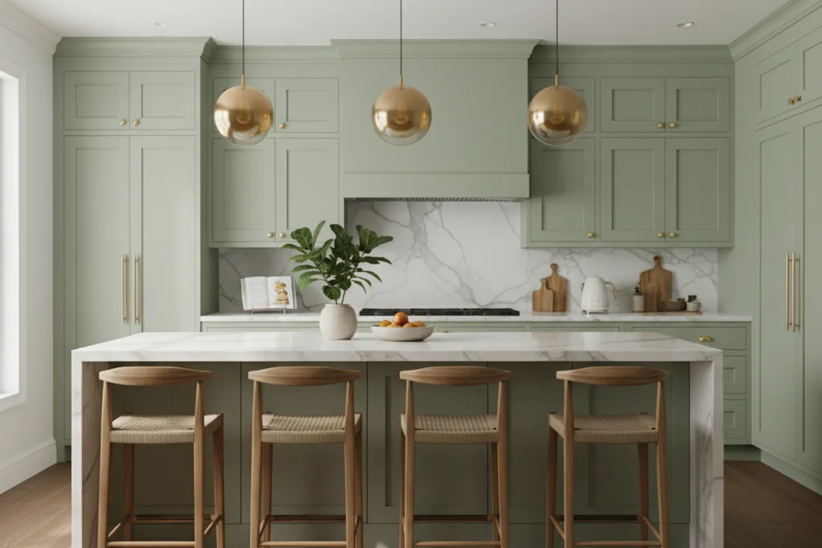 Large white marble kitchen island with bar stool seating in a bright modern kitchen with sage green cabinets