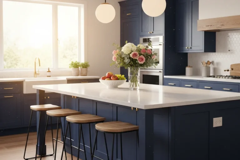 Modern kitchen island with white quartz countertop, navy cabinets, and pendant lighting