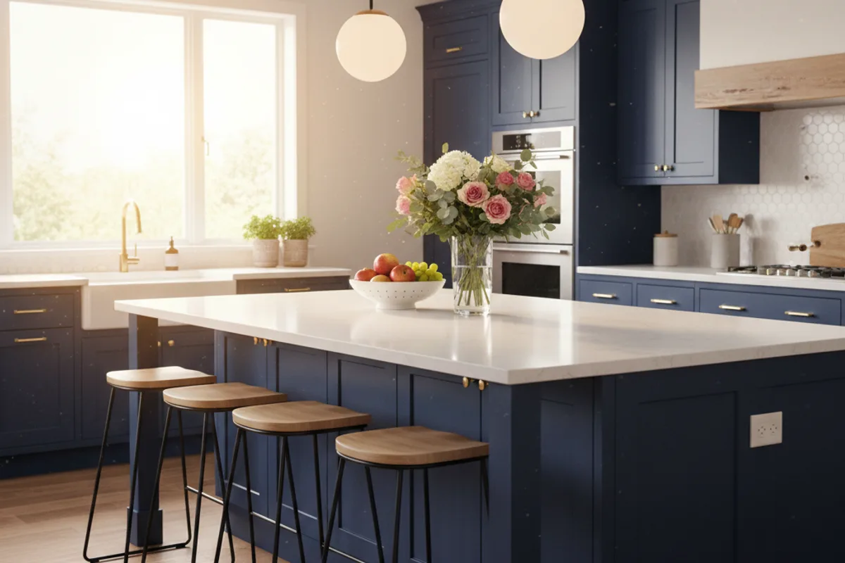 Modern kitchen island with white quartz countertop, navy cabinets, and pendant lighting