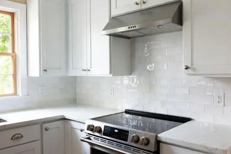Bright white kitchen with freshly installed classic subway tile backsplash in running bond pattern and light gray grout