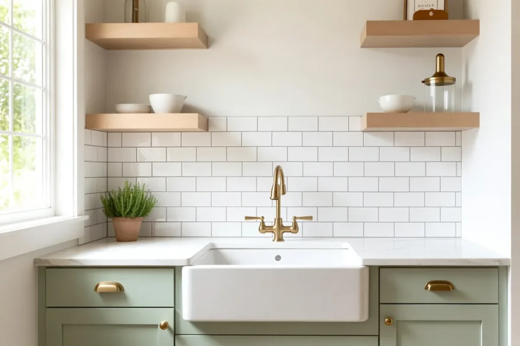 Bright modern kitchen with a painted white backsplash behind a farmhouse sink with sage green cabinets