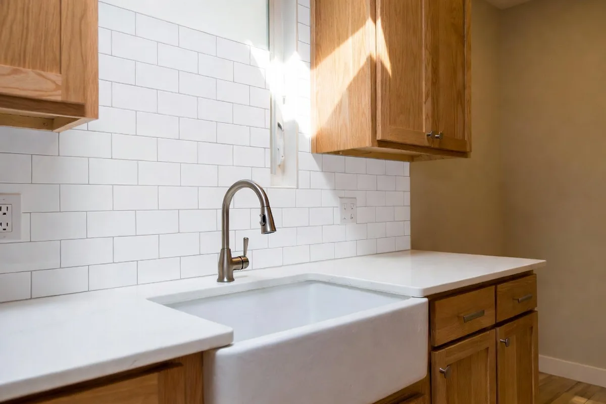 Bright modern kitchen with white peel-and-stick subway tile backsplash and farmhouse sink