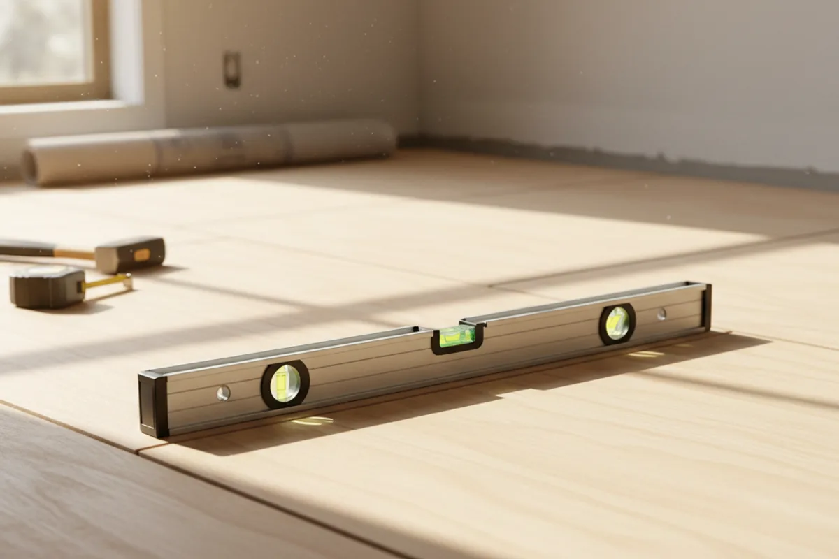 New tongue-and-groove plywood subfloor panels being installed during a DIY kitchen remodel