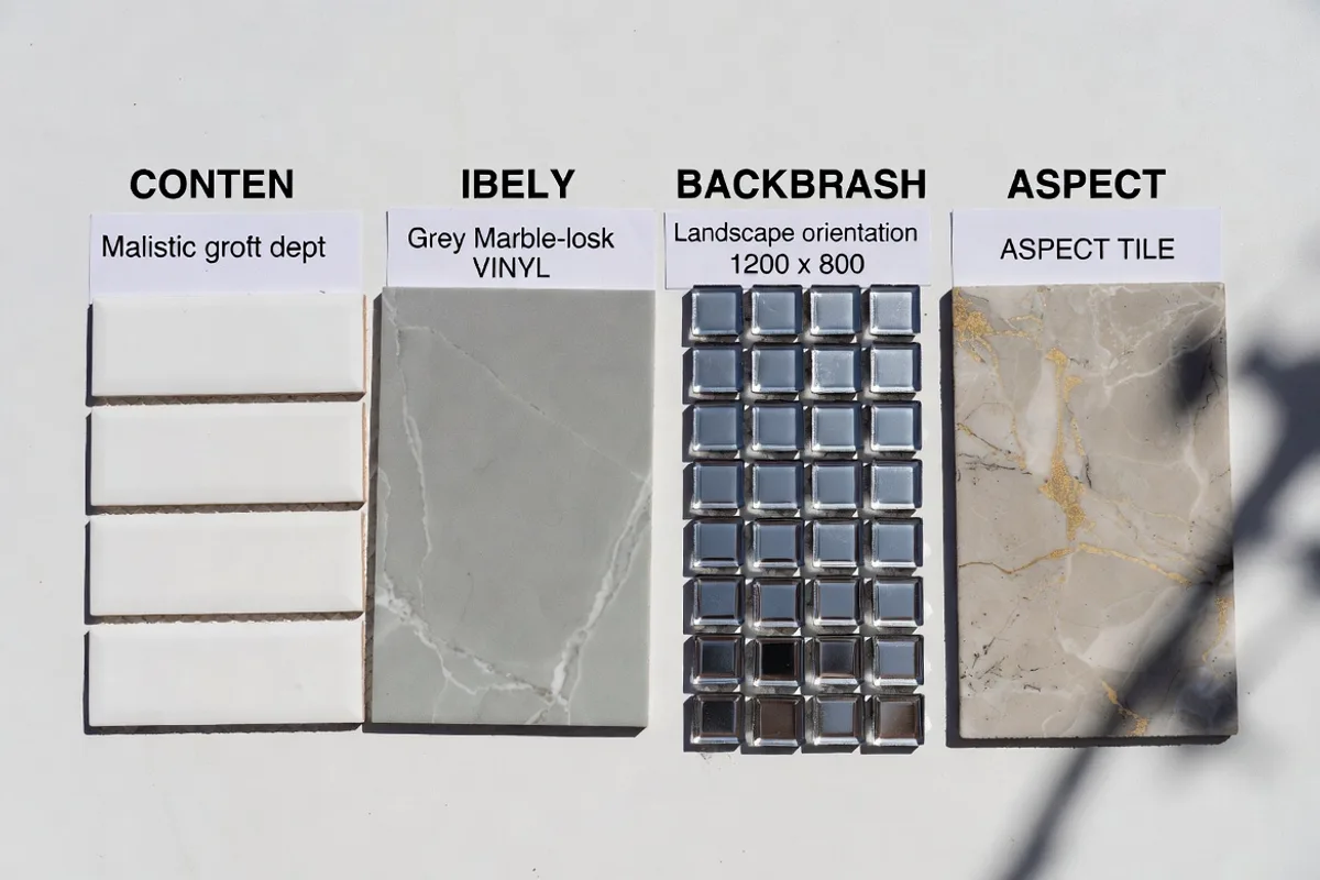 Side-by-side comparison of four different peel and stick backsplash tile samples showing texture and quality differences