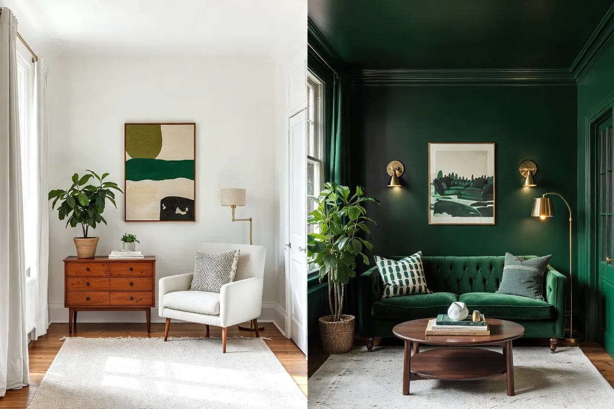 Comparison of light white small living room versus dark green small living room showing different space perceptions