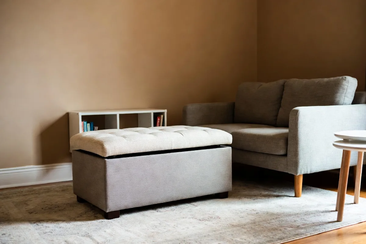 Small living room with storage ottoman coffee table and multi-functional furniture for apartment decorating