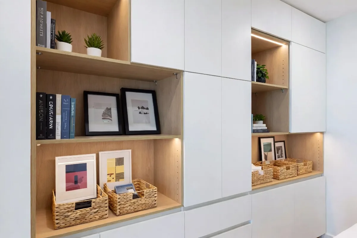 Wall-mounted modular storage system with open shelves and closed cabinet doors in a small living room