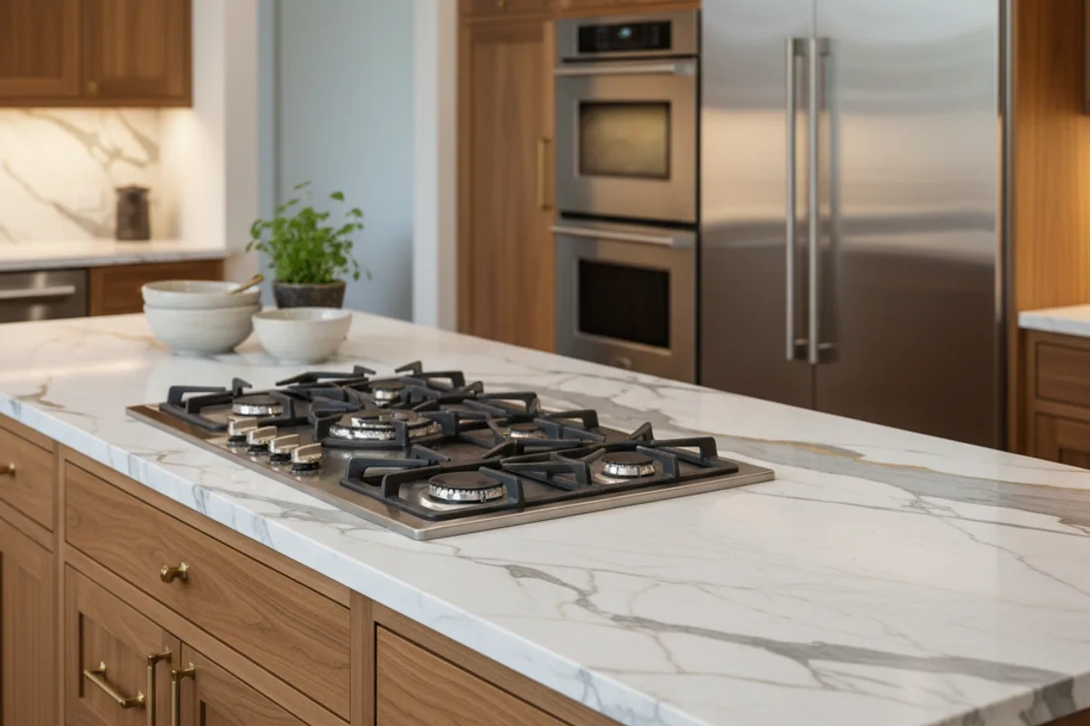 High-end kitchen island with marble countertop, integrated cooktop, and custom wood cabinetry