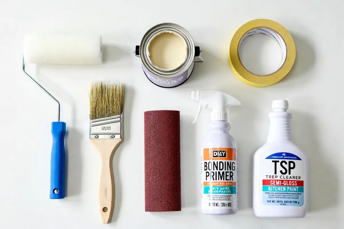 Flat lay of tools and materials needed to paint a kitchen backsplash including primer, paint, roller, and sandpaper
