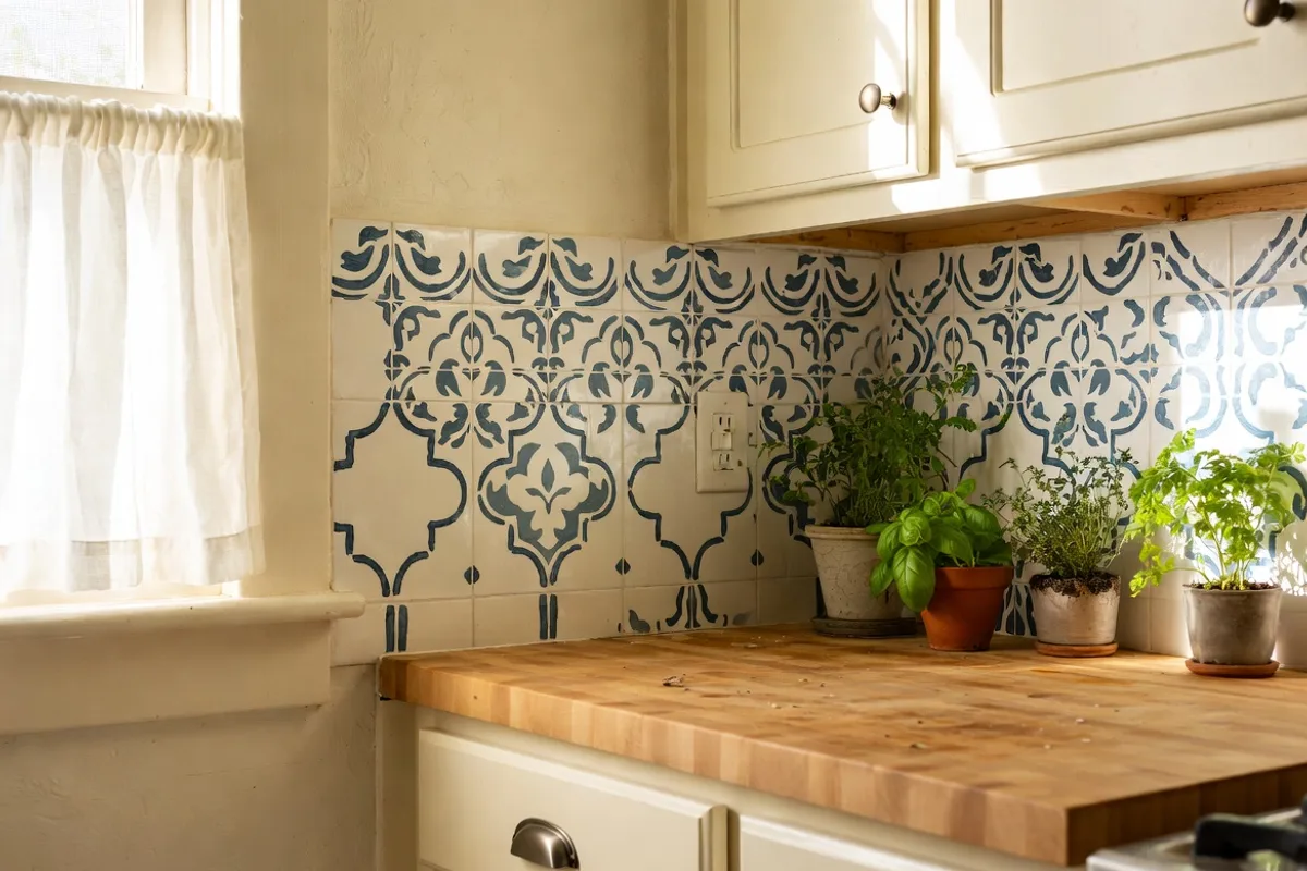 Cozy kitchen with hand-painted stenciled Moroccan tile pattern backsplash in blue and white