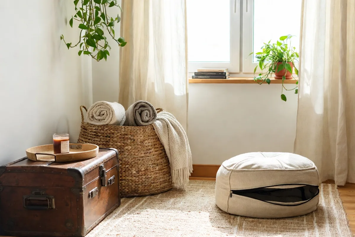 Decorative hidden storage in small living room corner using baskets, trunk, and storage pouf