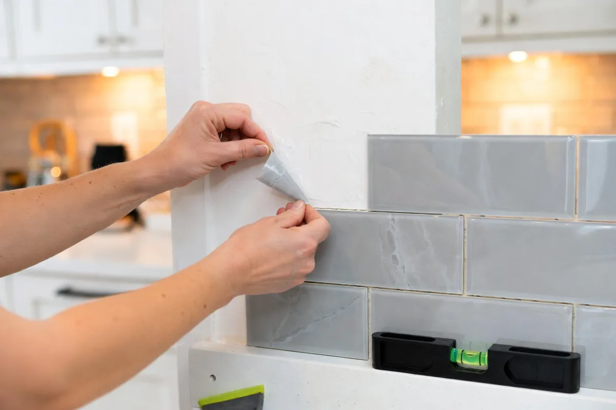 Person installing peel and stick backsplash tile in kitchen with bubble level and squeegee on countertop