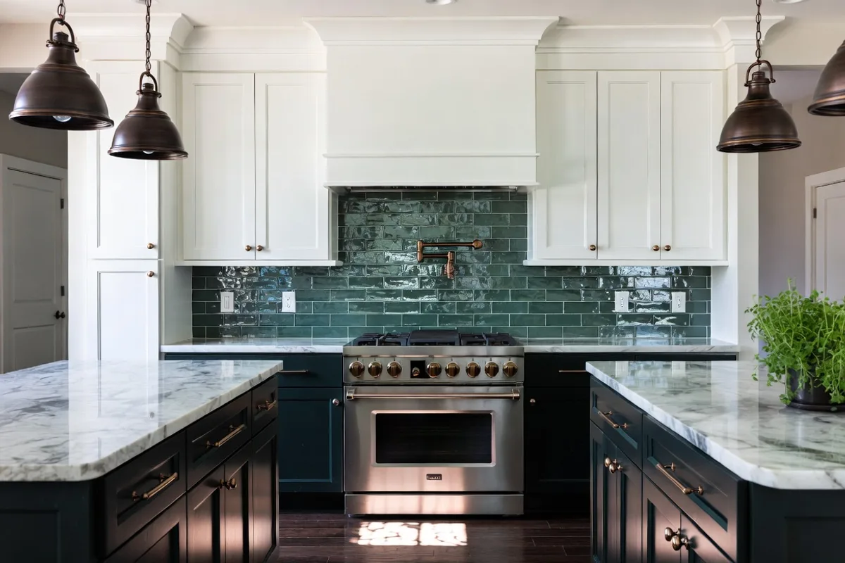 Glossy forest green metro tile kitchen backsplash with dark bronze hardware and white cabinetry