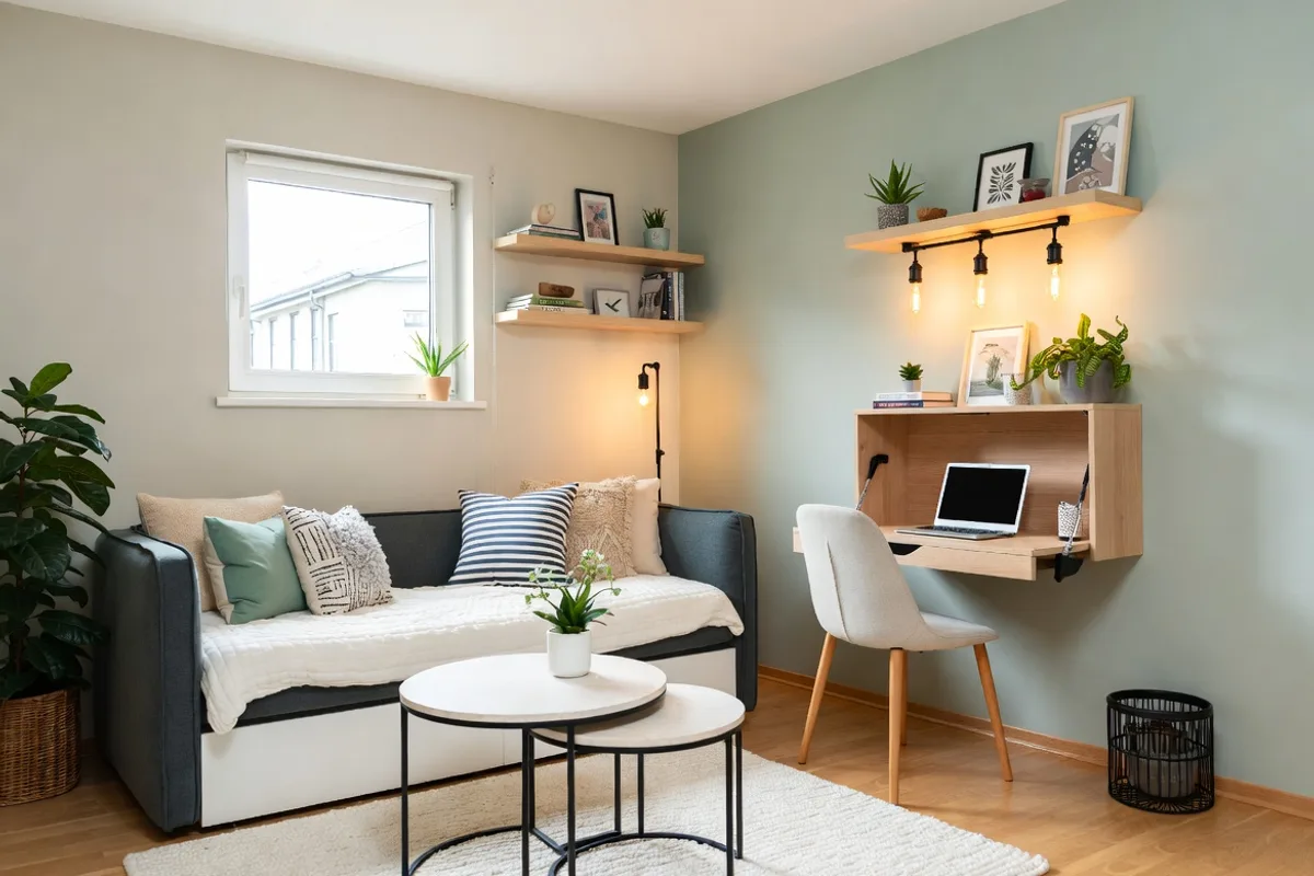 Small multipurpose living room with a daybed sofa, fold-down wall desk, and nesting tables for dual-use space functionality