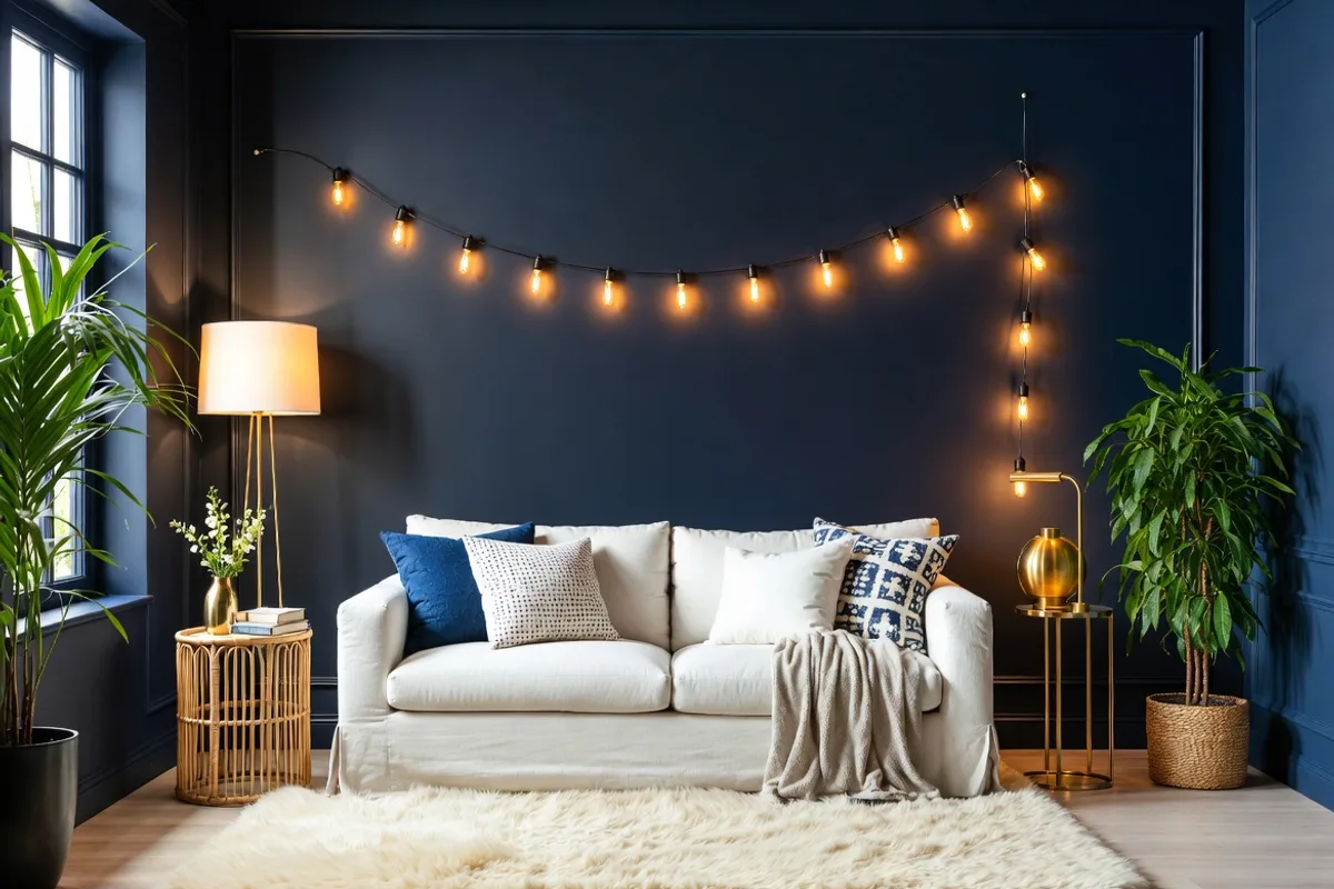 Small living room painted in deep navy blue on all surfaces with warm layered lighting creating a luxurious intimate feel
