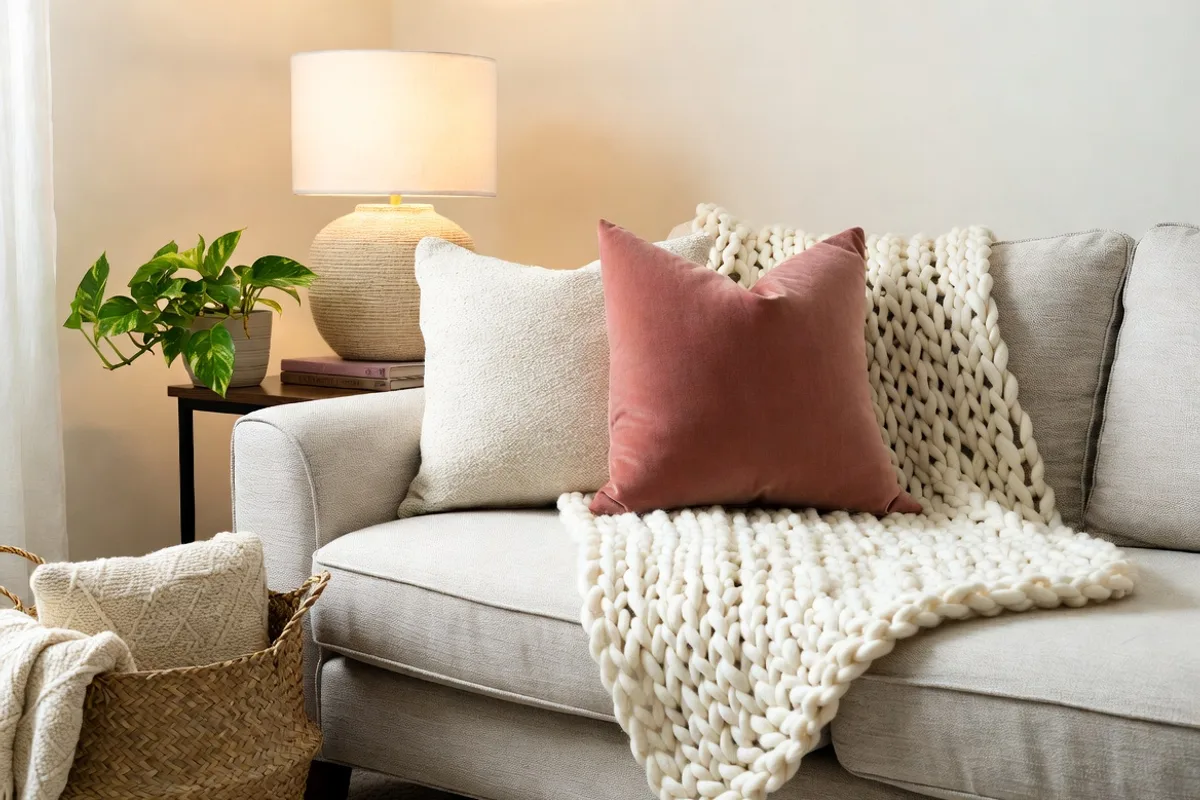 Affordable throw pillows and textiles layered on a sofa for a cozy budget living room look