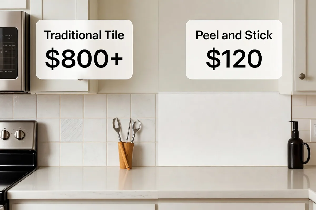 Kitchen backsplash cost comparison between traditional ceramic tile installation and peel and stick tile option