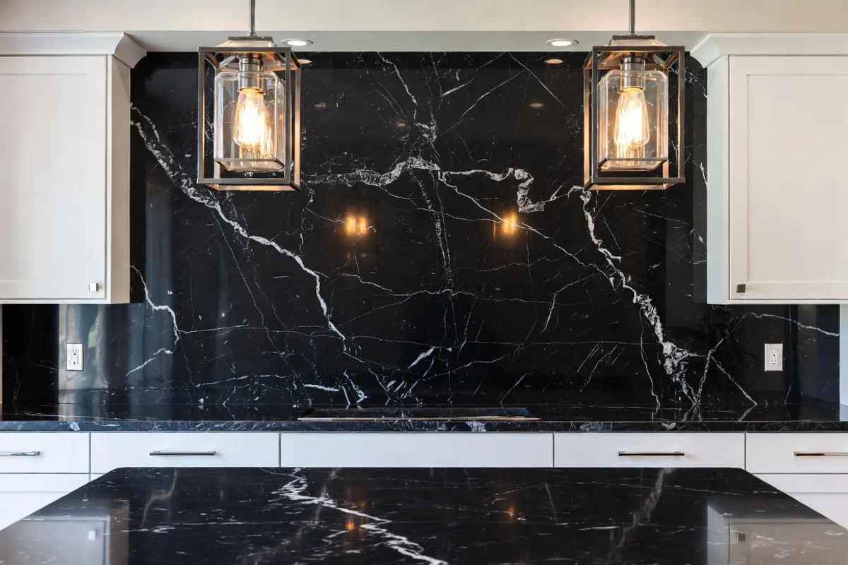 Black marble slab kitchen backsplash with white veining and white cabinetry for dramatic contrast
