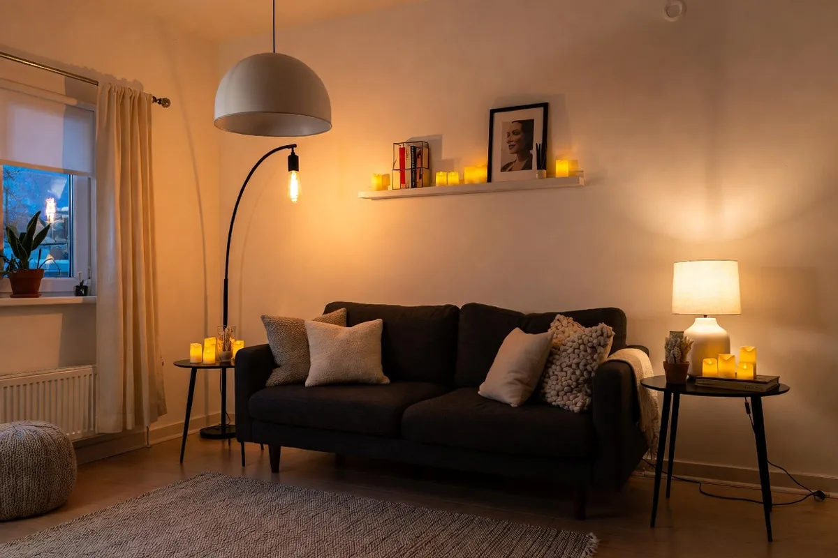 Layered lighting in small living room with floor lamp, table lamp, and pendant light creating warm dimensional glow