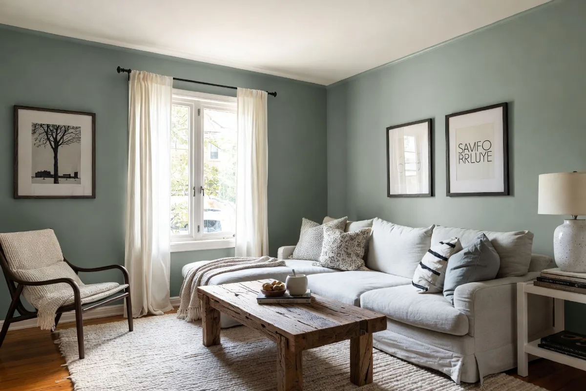 Small living room in warm gray-green paint with coordinating ceiling and trim creating a serene spacious atmosphere