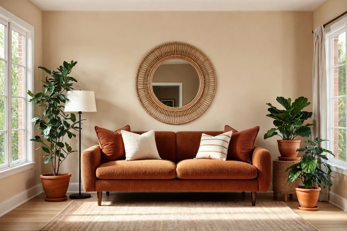 Small living room with cohesive monochromatic terracotta color palette creating flow and spacious feel