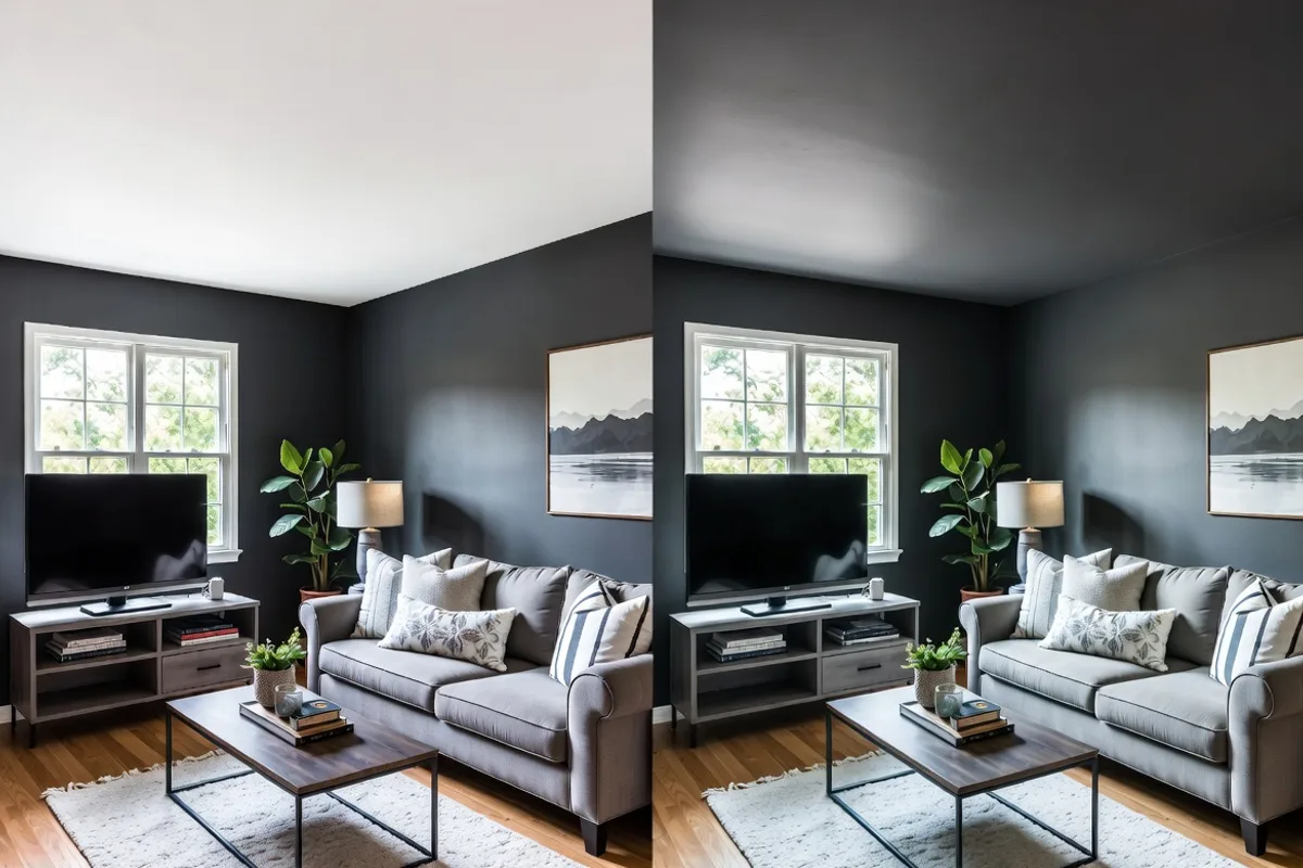 Before and after showing how painting ceiling the same color as dark walls makes a small living room feel more spacious