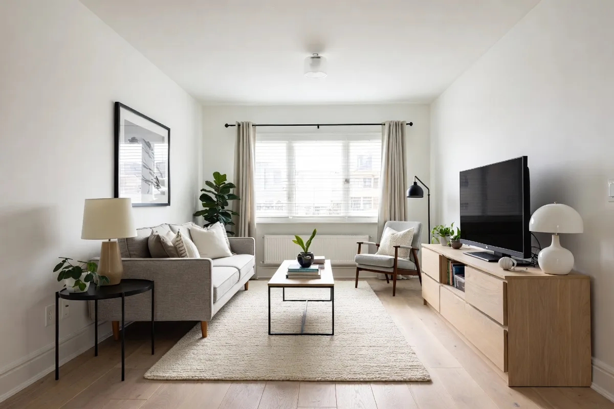 Small open-plan living room with clearly defined seating and reading zones using rug and bookshelf as subtle dividers