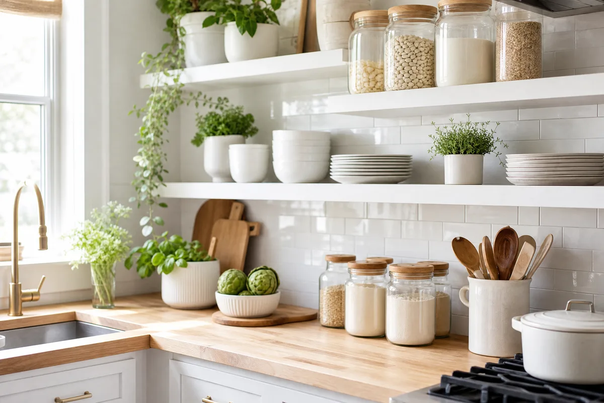 Small kitchen with open shelving displaying white dishes and glass jars alongside a subway tile backsplash