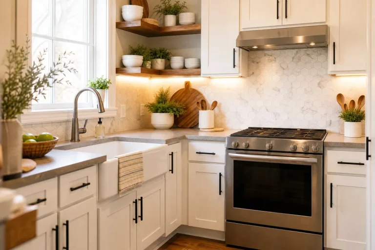 Small kitchen remodel on a budget with white painted cabinets, matte black hardware, and peel-and-stick marble backsplash