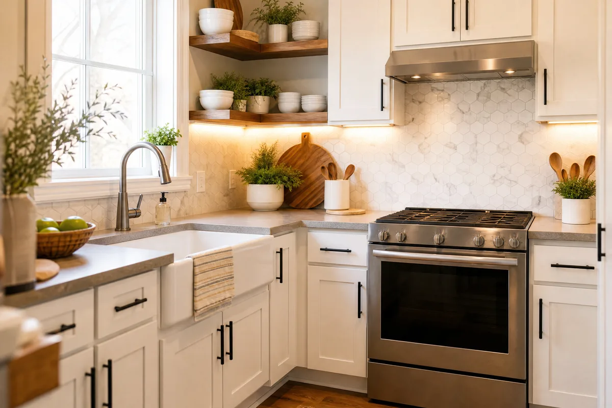 Small kitchen remodel on a budget with white painted cabinets, matte black hardware, and peel-and-stick marble backsplash