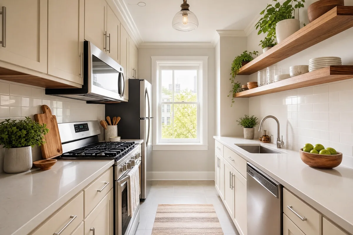Bright and functional small galley kitchen with white cabinets and open shelving