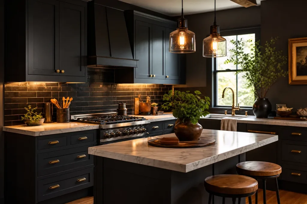 Small dark kitchen with charcoal gray cabinets and warm brass hardware glowing under pendant lights