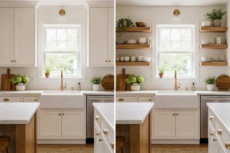 Side-by-side comparison of open shelving versus upper cabinets in a small white kitchen