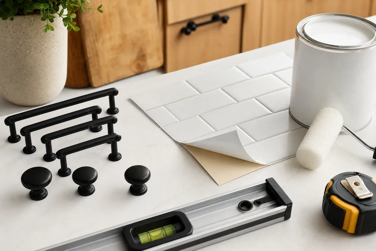 Budget kitchen remodel supplies including peel-and-stick backsplash tiles, matte black cabinet hardware, and white cabinet paint
