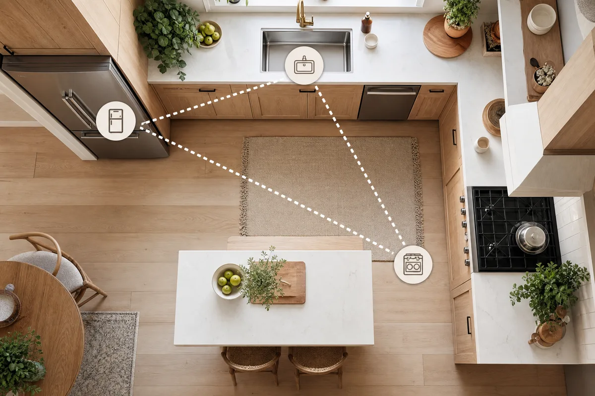 Kitchen work triangle diagram illustrated in a small L-shaped kitchen layout