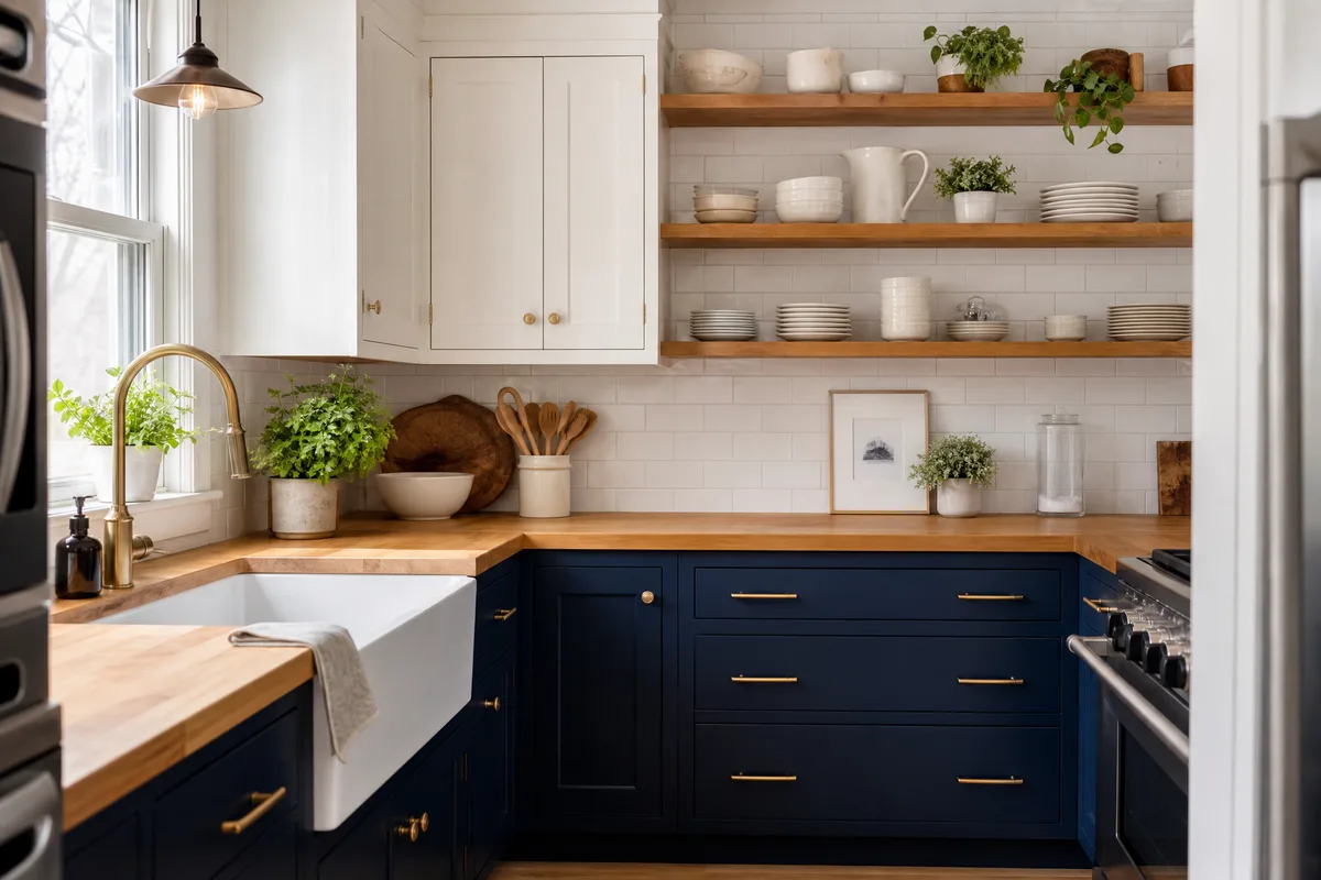 Small kitchen with navy blue lower cabinets and white upper cabinets with open wood shelving