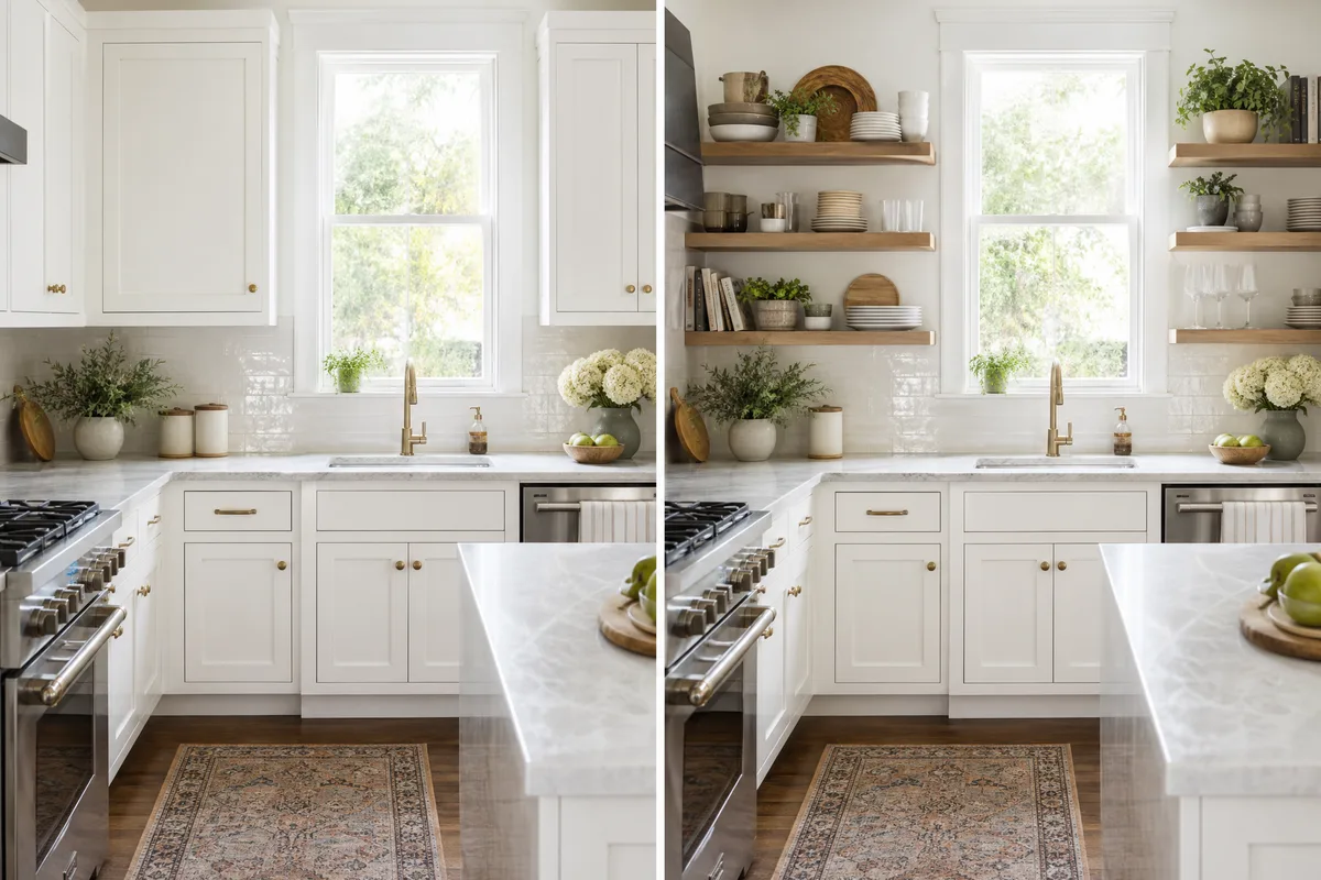Side-by-side comparison of a small kitchen with upper cabinets versus open shelving