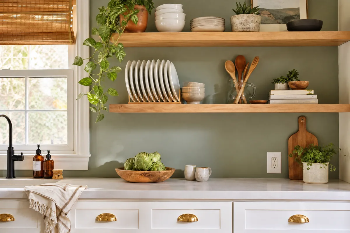 Styled open floating shelves in a budget small kitchen with sage green walls and white ceramic decor
