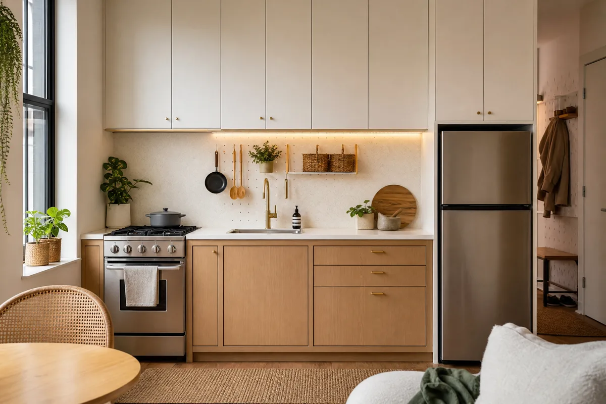 Organized single-wall small kitchen with vertical storage and under-cabinet lighting