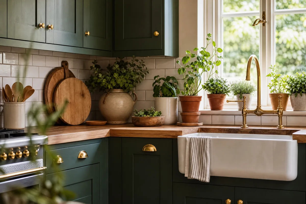 Deep forest green shaker cabinets with brass hardware in a small cozy kitchen
