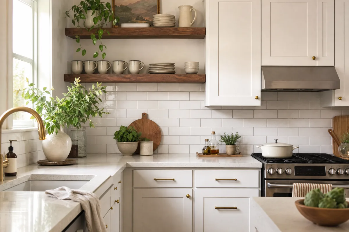 Small kitchen hybrid design with open shelves on one side and upper cabinets on the other