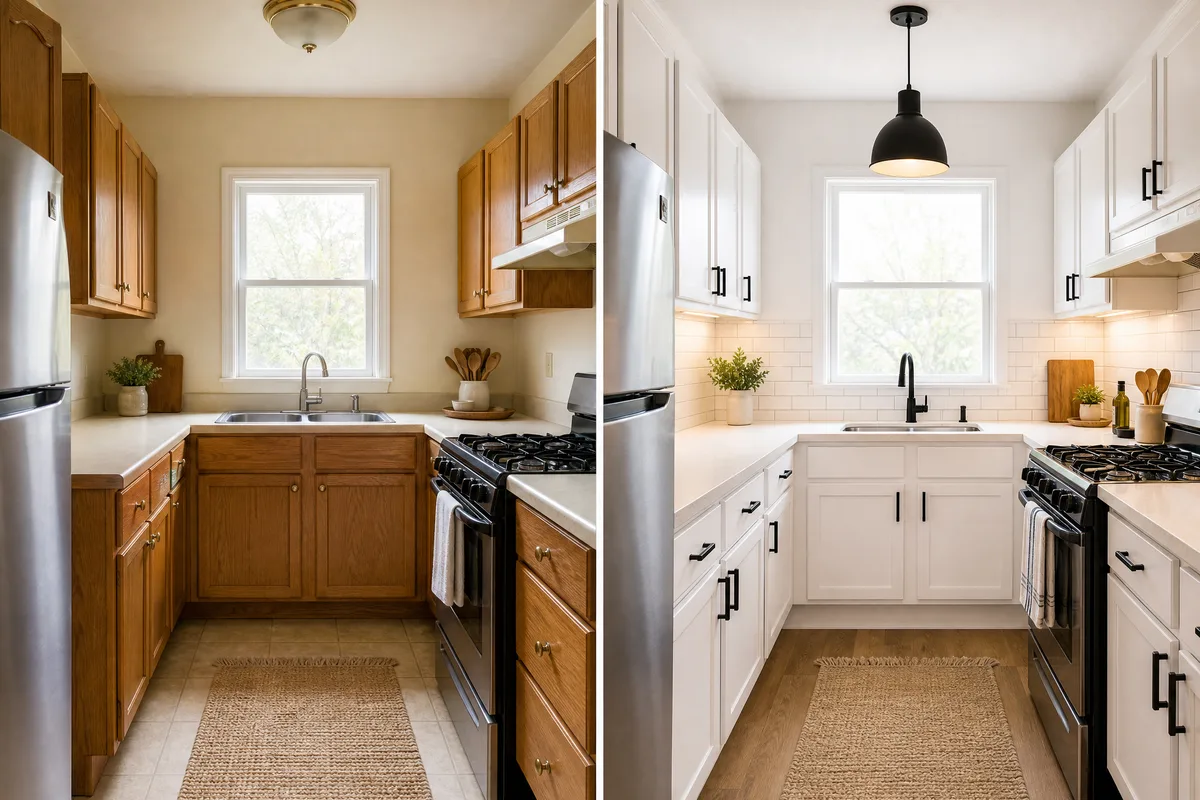Before and after small kitchen remodel on a budget showing dated oak cabinets transformed with white paint and modern hardware