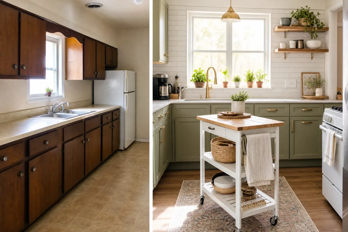 Budget small kitchen makeover with painted cabinets, new hardware, and rolling island