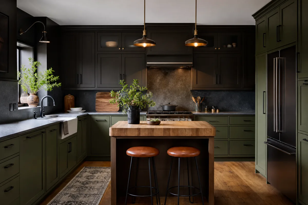 Two-tone dark small kitchen with olive green lower cabinets and charcoal upper cabinets