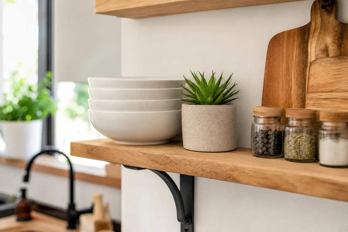 Well-organized open kitchen shelf with white dishes, a small plant, and glass jars in a small kitchen