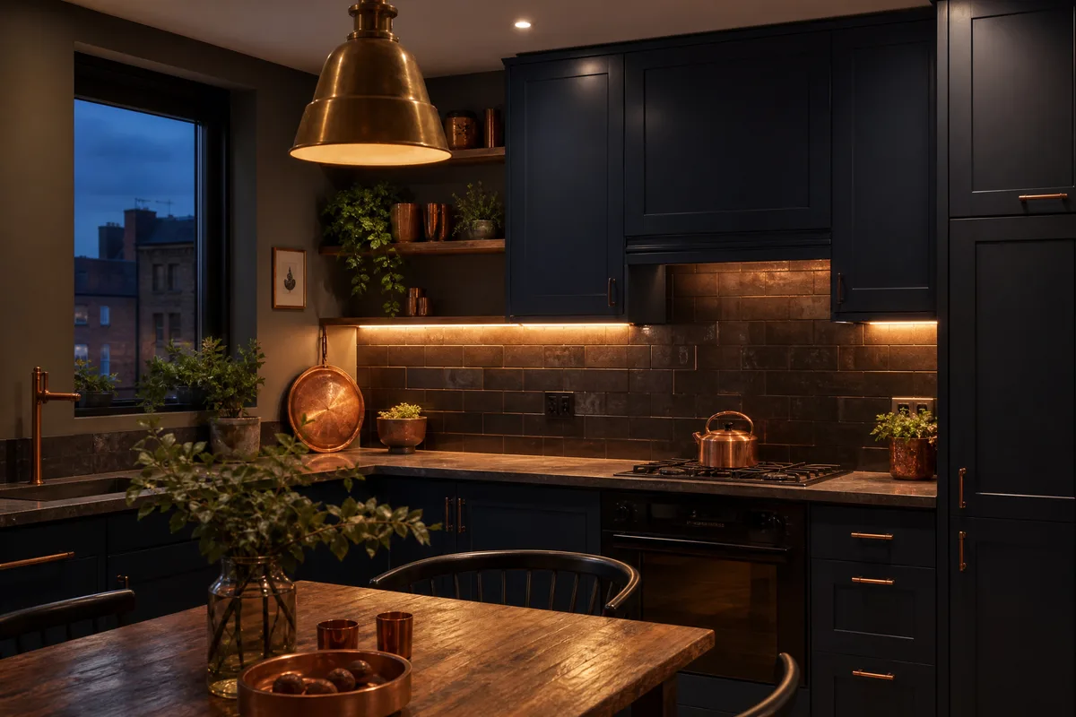 Dark small kitchen with layered warm lighting including under-cabinet LED strips and brass pendant light