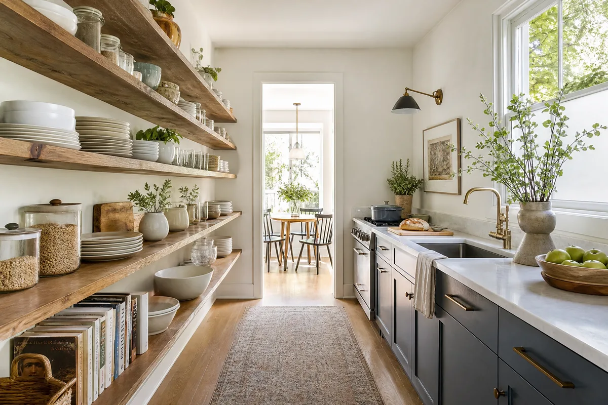 Galley small kitchen with open shelving along one wall creating an open airy feel